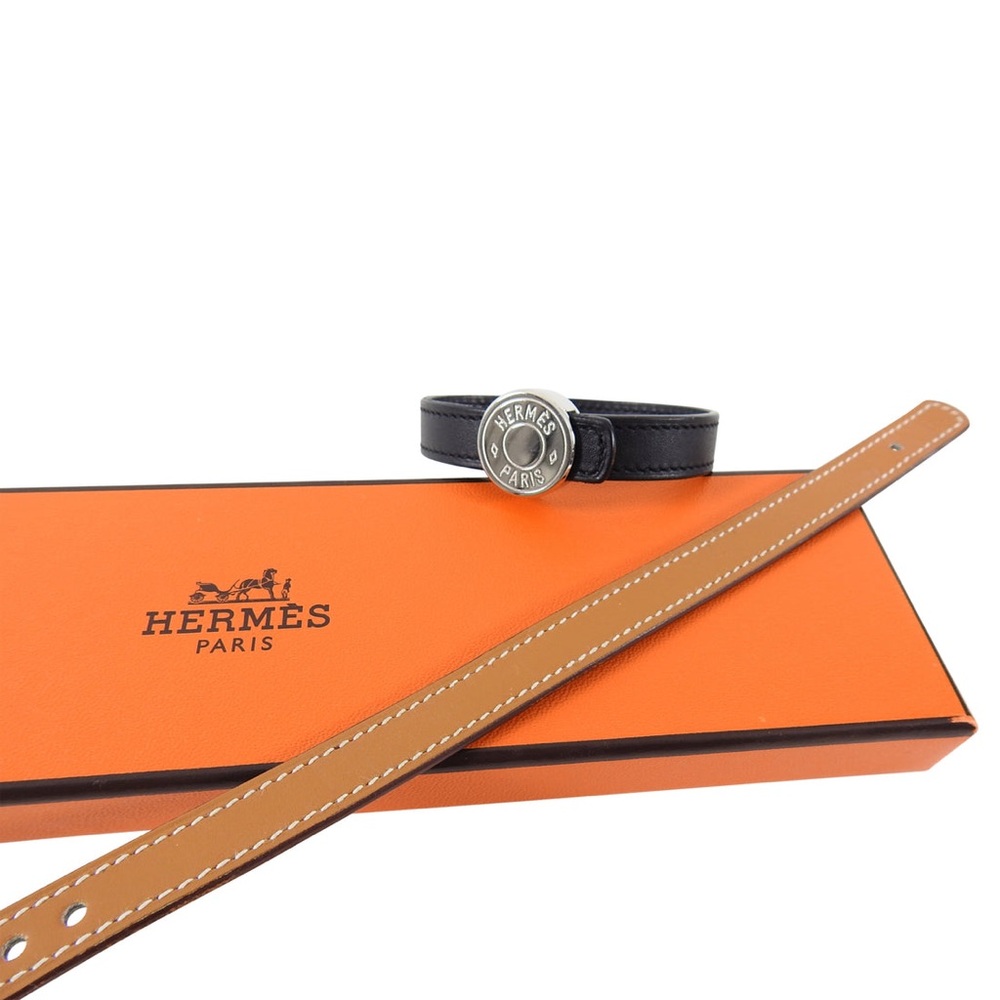Hermes Clou de Selle Leather Strap Bracelet Set. Brown and Black.